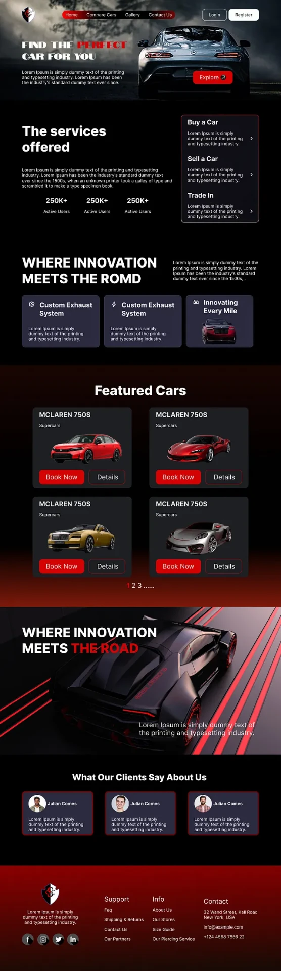 Full-page scrolling walkthrough of a luxury car dealership and trading platform