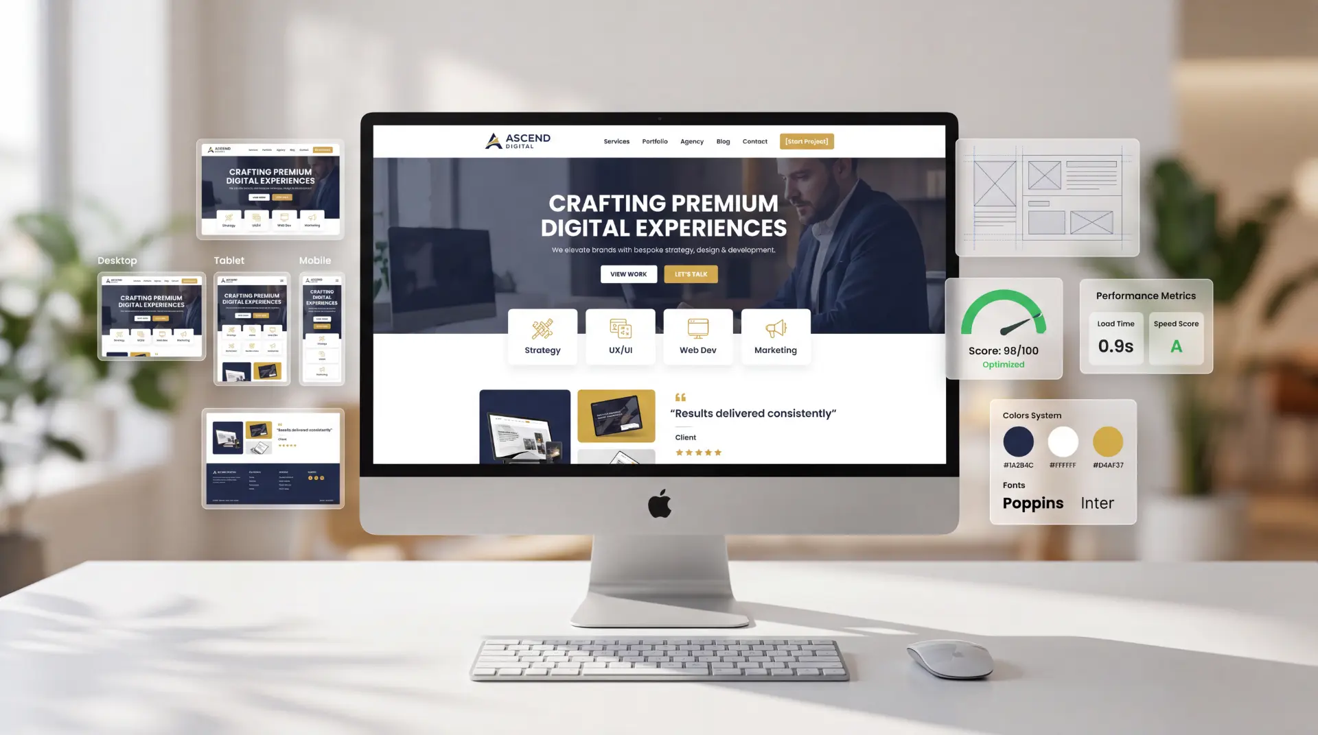 Desktop, tablet and mobile presentations of a responsive digital product