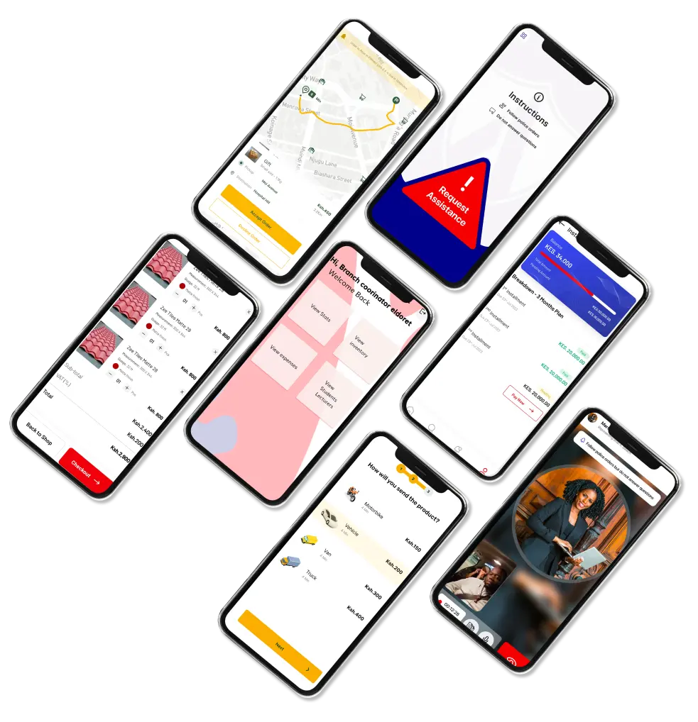Collection of mobile app screens: delivery tracking, checkout, dashboards, instalment payments and video consultation